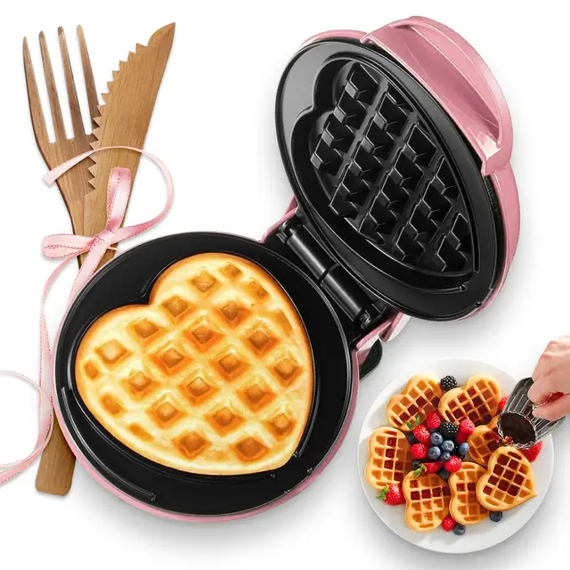 Mini Gofrera En Forma De Corazón, Pequeña Gofrera Antiadherente De 10 Cm, 350W Calentamiento Rápido Y Uniforme, Máquina Para Hacer Gofres Portátil Para Niños Familias Y Estudiantes, Rosa