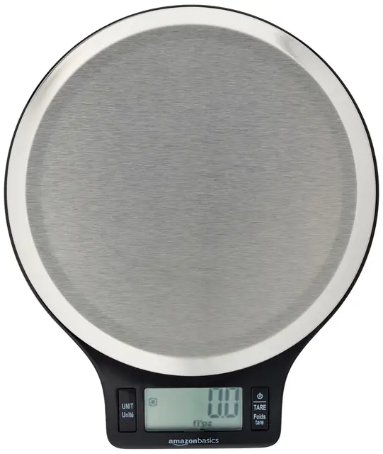 Amazon Basics Báscula de Cocina Digital con Pantalla LCD, sin bisfenol A (BPA), de Acero Inoxidable (Pilas Incluidas), Pesa hasta 11 Libras, Negro