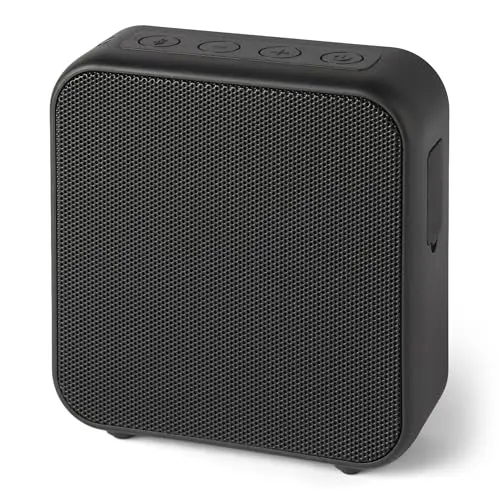 Amazon Basics, Altavoz Bluetooth 5.3 inalámbrico portátil, Compacto, 6 Horas de Funcionamiento, Resistente al Agua IPX5, Recargable, Graves mejorados, para Interiores y Exteriores, Negro