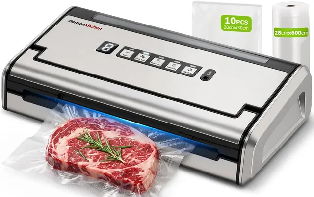 Bonsenkitchen Envasadora al Vacío, Sellado Ancho 5mm Antifugas, Acero Inoxidable, Una Mano & Pulse Seco/Húmedo, Envasadora al Vacío de Alto Rendimiento incl. 1 Rollo & 10 Bolsas, VS4200