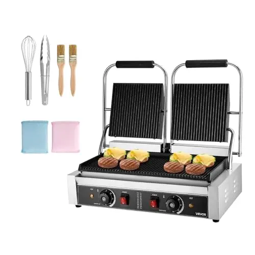 VEVOR Parrilla de Contacto Eléctrica 3600 W para Sándwiches, de Acero Inoxidable, con Control de Temperatura, Doble Placa Esmaltada Acanalada de 48 x 23 cm para Hamburguesas, Filetes y Tocino