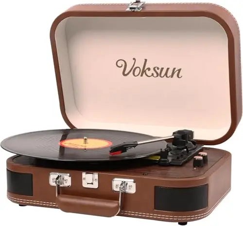 Tocadiscos de Vinilo, VOKSUN Tocadiscos Portátil Vintage con Altavoces Incorporados, Reproductor LP Vinilo con In/out Bluetooth 3 Velocidades, Maleta USB, Entrada AUX, Línea RCA, Auto-Stop (Marrón)