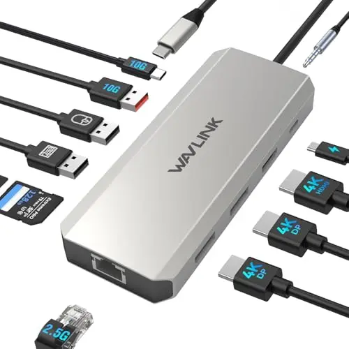WAVLINK Estación de Acoplamiento para portátil, Displayport Docking Station con Dual DP, HDMI, 100W PD IN, 10Gbps USB A/C, Puerto 2.5G Ethernet para DELL/HP/Lenovo etc.