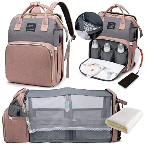 LEcylankEr Mochila para pañales con cuna – Gran mochila con cambiador y bolsa aislante, mosquitera y puerto de carga USB