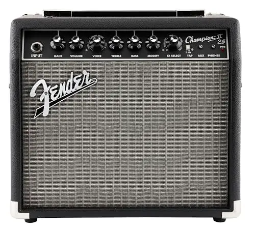 Fender Champion II 25, Amplificador Combo para Guitarra, 25W, Adaptado para Guitarra Eléctrica, Más Potencia, Efectos y Modelos de Amplificador Mejorados, Negro/Plata
