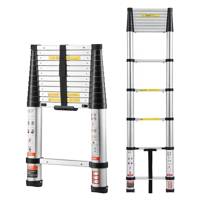 VEVOR Escalera Telescópica de Aluminio 374 cm, Escalera de Extensión Plegable con Sistema de Retracción de Un Solo Toque, Soporta hasta 150 kg, con Pies Antideslizantes, para Hogar, Ático, Jardinería