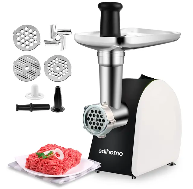 Edihome, Picadora de Carne Eléctrica, Marcha avance y Retroceso, Máquina para picar Carne Profesional, 2200W, Multifuncional con 3 placas de Corte y Embutidor de Salchichas (Blanco y negro)