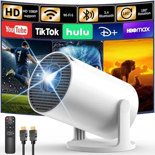 Proyector Portátil con Android TV, Yoton 1080P Soporte Mini Proyector con WiFi 6 Bluetooth 5.4, 18000L Auto Keystone 50% Zoom 180° Rotation Projector Cine Compatibile con Móviles/PC/Xbox/USB/HDMI