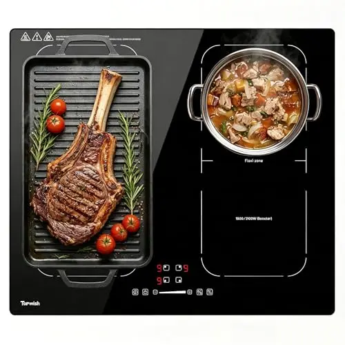 Topwish Plaque Induction 4 Feux, plaque à induction 2 zones flexibles,Table de Cuisson Encastrable 60cm, avec Booster, 9 Niveaux, Minuterie, Sécurité Enfant, Arrêt automatique,Maintien au chaud, 7200W
