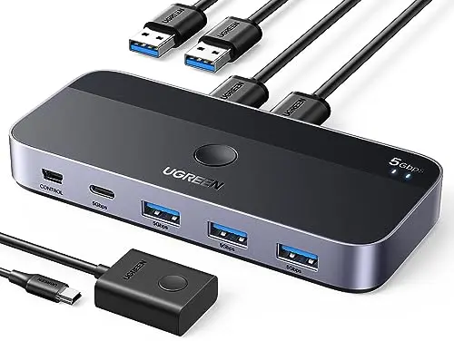 UGREEN KVM Switch 2 Entradas y 4 Salidas Conmutador USB 3.0 con 2 Cable para Compartir 4 Dispositivos de Teclado, Ratón, Memorias, Disco Duro, Impresoras, Escáneres, etc