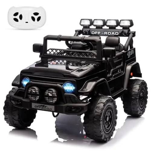Zstar Coche Eléctrico Infantil de 12V, con Mando Remoto 2,4G Vehículo Jeep Off-Road con Mando Remoto, Lucas LED y Sonido, para Niños 3-6 Años, Regalo Juguete, Negro 102 × 66 × 65 cm