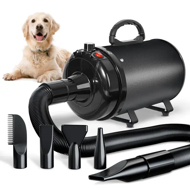 Secador de Pelo de Perro Blaster 3000 W, Secador de Pelo para Mascotas, Calentador de Temperatura de bajo Ruido con 4 boquillas Diferentes,Negro Profundo