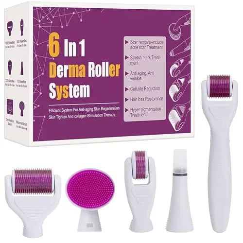 Derma Roller, 6 en 1 Microneedle Roller Dermaroller Facial 0.5mm+1mm+1.5mm para Cara y Cuerpo, Microneedling para Anti-Edad, Eliminación de Cicatrices Acne, Poro Contractivo