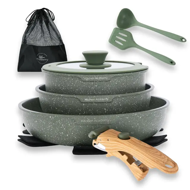 Kitchen Academy Juego de ollas de 10 piezas, Juego de ollas y sartenes con tapas de cristal, Revestimiento de mármol, Sellado antiadherente, Apto para inducción, Mmango liso veteado, Color verde