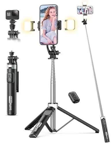 Palo Selfie Tripode con 2 Luces, Tripode para Movil 135CM Extra Largo con Control Remoto Desmontable, Selfie Stick con 1/4 de Tornillo Compatible con iPhone 15 14 13 12 11/Android/Gopro/Camara