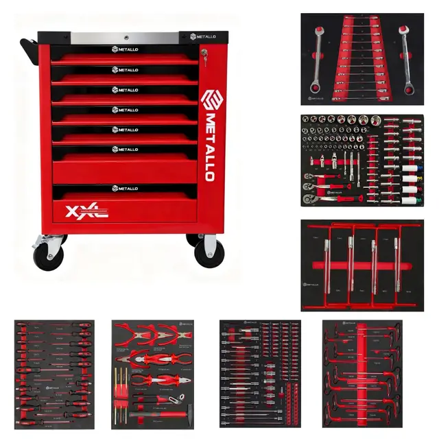 Metallo XXL - Carro de herramientas con 7 cajones, incluye llave, llave de tubo, destornillador y alicates, color rojo
