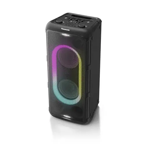 Panasonic SC-BMAX5E-K Altavoz Portátil para Fiestas con Bluetooth, Luces Integradas, 75 W, USB, Entrada Óptica para TV, Entradas de Guitarra y Micrófono para Karaoke, Negro