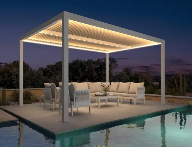 PURPLE LEAF Pergola Bioclimática 4,24 x 3 m con tira LED, pérgola de jardín de aluminio, cenador al aire libre con canalones integrados, ideal para terraza y patio, blanco