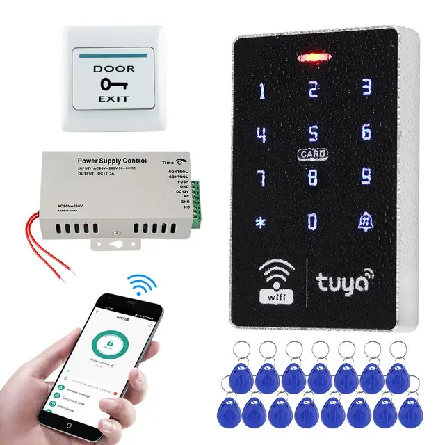 Kit de Sistema de Control de Acceso WiFi Tuya 125 KHz 13,56 MHz Teclado RFID Táctil Impermeable + Fuente de Alimentación DC12V 3A + llavero 15pcs, Sin Cerradura Eléctrica