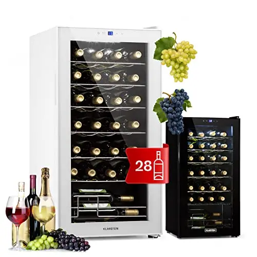 KLARSTEIN Vinoteca para Vinos de 74L Nevera Vino Una Zona, Botellas Vino, Proseco y Cervezas, Vinoteca Pequeña Puerta Cristal para Interior y Exterior, Nevera para Vinos Capacidad 28 Botellas