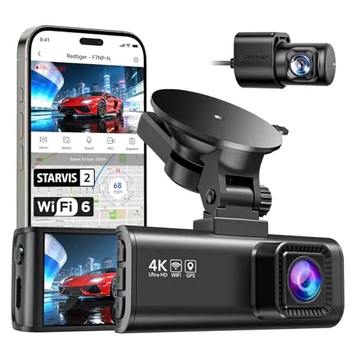 REDTIGER Dashcam 4K Cámara de Coche Delantera y Trasera, WiFi 5.8GHz, STARVIS 2 Visión Nocturna, Pantalla 3,18", Gran Angular 170°, Modo Parking 24H, Máx. 512GB (F7NP-N)