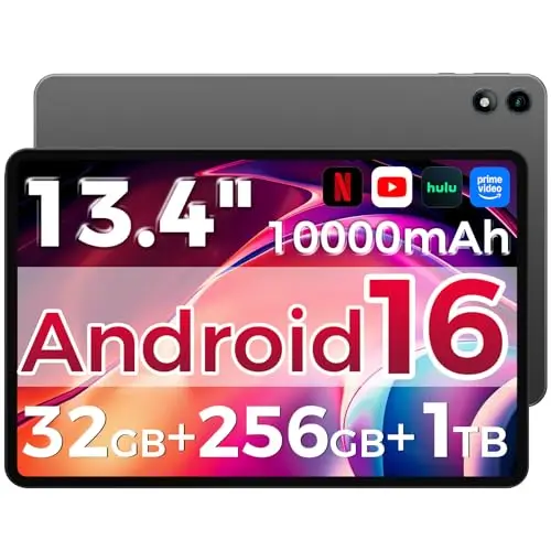 Android 16 Tableta,13.4 Pulgadas Tableta Grande Tablet con Octa-Core Processor, 32GB RAM + 256GB ROM, 10000mAh Batería,1920x1200 IPS, 2.4/5Ghz Dual WiFi/5+8MP/GPS/Gemini AI/Widevine L1