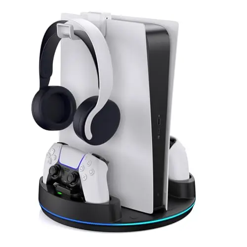 NEWDERY Soporte para PS5/PS5 Slim/PS 5 Pro, estación de Carga de Controlador Dual con luz RGB para PlayStation 5, Soporte Vertical para Consola Digital PlayStation 5/Disco, Color Negro