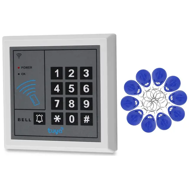 Sistema de Control de Acceso con Teclado. Compatible con la App Tuya y 10 llaveros con identificación de 125 kHz. Ideal para hogares, hoteles y oficinas.