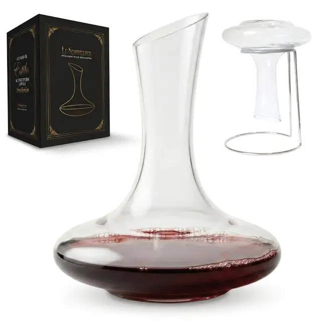 Decantador de vino de cristal premium con soporte metálico para secado y decoración - base ancha y capacidad de 1800 ml para oxigenación rápida y mejor aroma – accesorios de vino ideales para regalo