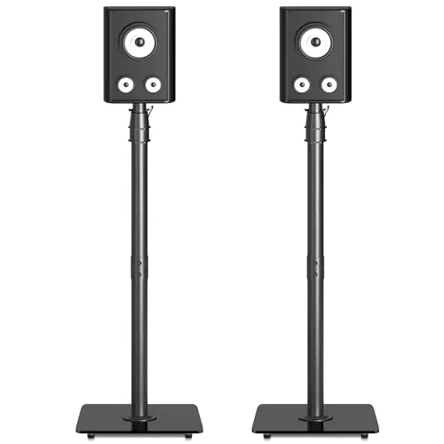 suptek Soportes de Suelo para Altavoces Envolventes: Par de Pies Regulables en Altura 86-113cm, Base de Vidrio Templado 30x30cm, Carga Máx. 10kg, Negro, SFM001