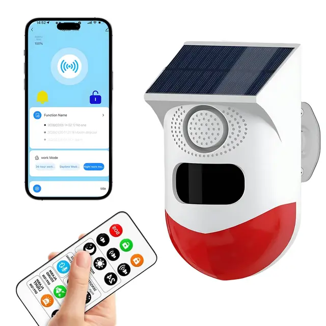 WiFi Sensor de Movimiento, Sensor Solar Adecuado para Interiores y Exteriores, Volumen de 0~120dB, Control Remoto, Programación Temporal, con Mando a Distancia, 3 Modos Ángulo Detección 110º