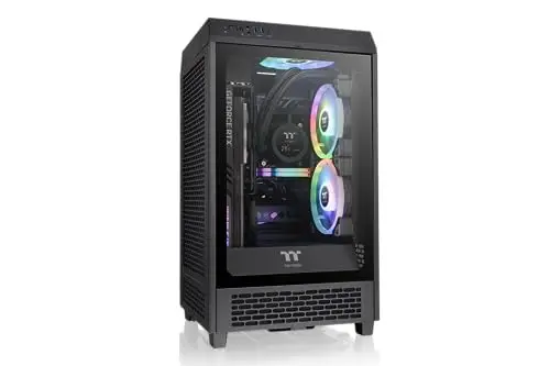 Thermaltake The Tower 200 | Mini Torre Mini-ITX Vertical | 2 Ventiladores CT140 Preinstalados | Cristal Templado y Alto Flujo de Aire | Compatible con AIO de 280mm | Negro