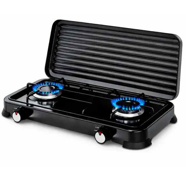 Cocina de Gas Portátil de 2 Fogones, Hornillo de Gas con Tapa Metálica y Fuego Ajustable, Compatible con Propano y Butano, 4,4 kW, Cocina Portátil para Exterior, Terraza, Camper(2 Fogones)