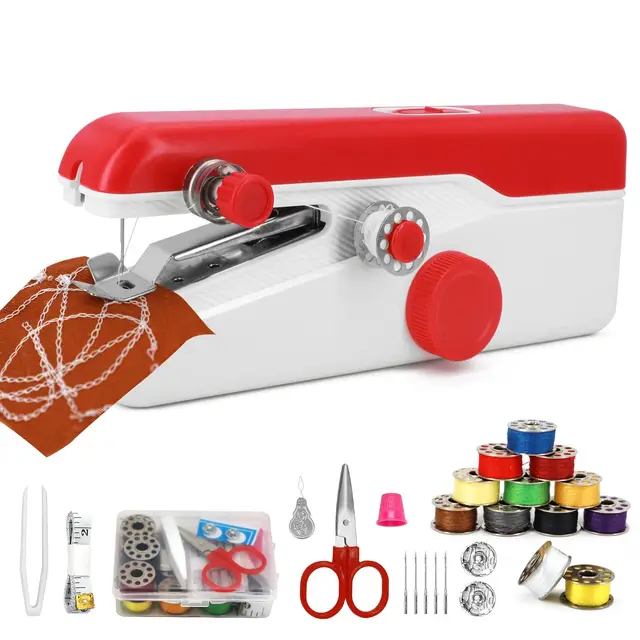Máquina de Coser Portátil Mini para Principiantes – Eléctrica, Puntada Rápida, Velocidad Ajustable, Kit DIY de Reparación de Ropa para Hogar y Viaje (Rojo)