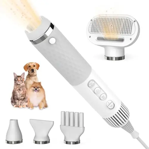 Secador de pelo para perros | Peluquero 5 en 1 con boquillas adicionales y cepillo resbaladizo | Portátil, silencioso, control de temperatura NTC, tecnología de iones