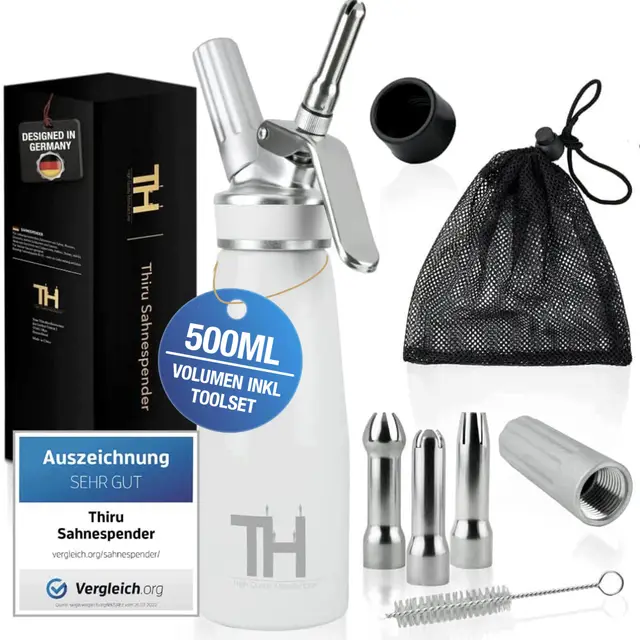 Thiru Sifón de Cocina Profesional - Dispensador de Crema Batida con boquillas de Acero Inoxidable - Sifón Cocina con Muchos Extras (Blanco)