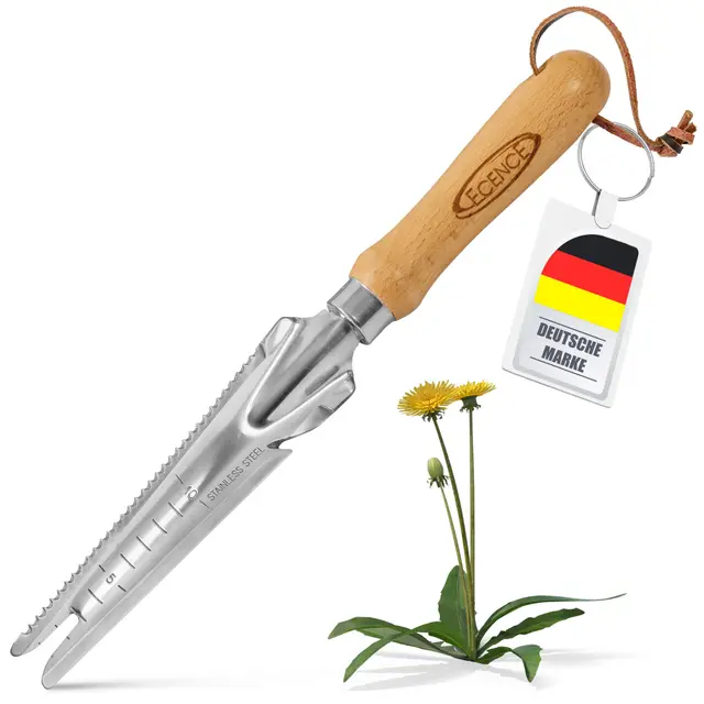 ECENCE Extractor de Malas Hierbas de Acero Inoxidable - Herramienta Manual con Mango de Madera para Eliminar y Arrancar Malas Hierbas, Escardar y Desherbar