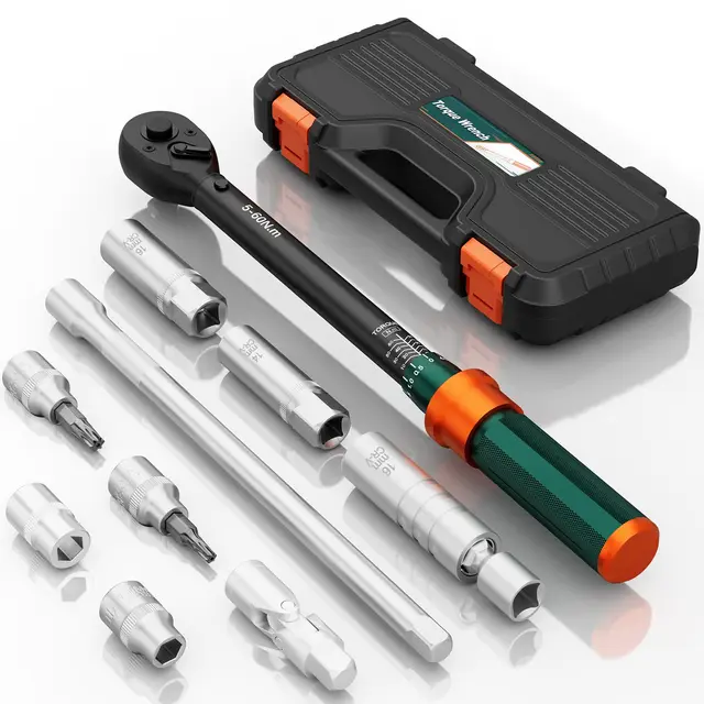 Llave Dinamométrica 3/8, 5-60Nm, Precisión ±3%, 10 Piezas Llave Dinamometrica con Extensión 250mm, Junta Universal, Vasos de Bujía, Bits, para Bicicleta, Moto, Reemplazo de Bujías de Coche