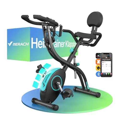 MERACH Bicicleta Estática 4 en 1 con App Entrenamiento, Bicicleta Estatica Plegable Silenciosa, Resistencia Magnética de 16 Niveles, Banda de Resistencia, Pantalla LCD, Medición Pulso, Asiento Cómodo