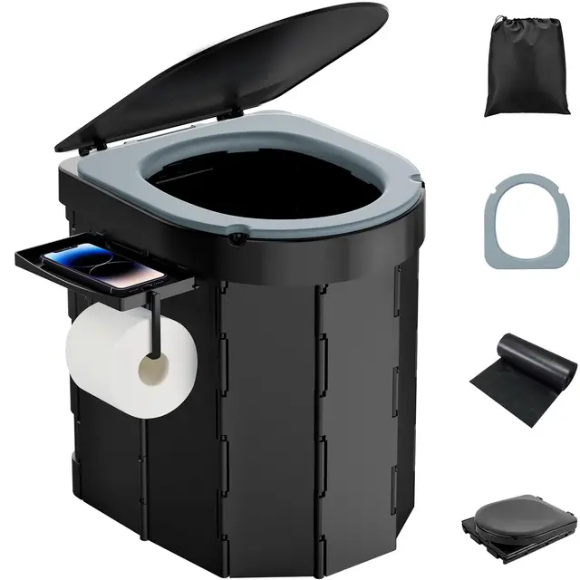 WADEO Inodoro portátil de camping y para coche con cómodo asiento de EVA, inodoro plegable para adultos, cubo higiénico con tapa integrada, portarrollos, soporte para el móvil y 20 bolsas