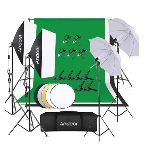 Andoer Kit Fondo Fotográfico Estudio,Softbox de 45W,Paraguas de Luz Suave de 45W,iluminación Profesional,1.8x2.7m Tela de Fondo(Negro/Blanco/Verde) con Sistema de Soporte,para Fotografía y Vídeo