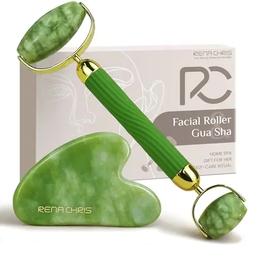 Rena Chris Gua Sha y Rodillo natural de Jade, Guasha Masajeador Facial para Esculpir la Línea de la Mandíbula y Reducir las Hinchazones, Belleza y Cuidado de la Piel