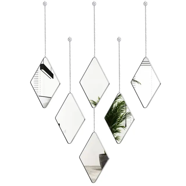 Namalu Set de 6 Espejos en Forma de Diamante con 2 Destornilladores Espejo Colgante con Cadena Espejo Decorativo de Pared con Marco Plateado para Decoración de Entrada Salón Baño, 27,4 cm × 17 cm