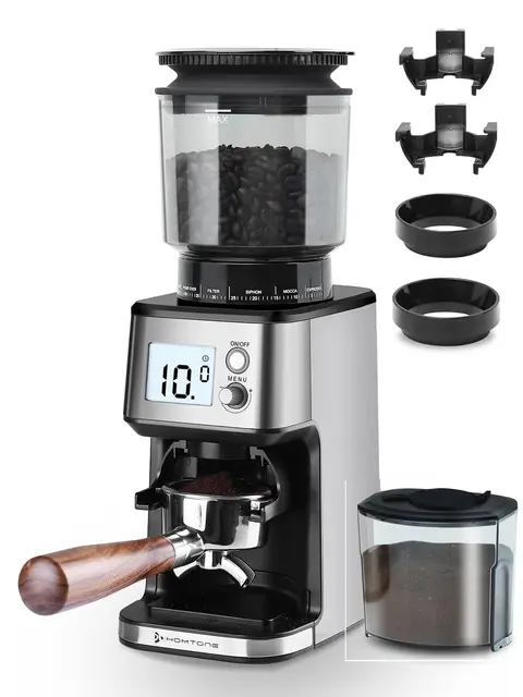 Homtone Molino de Café Eléctrico, 51 Niveles de Molienda Ajustables, Molinillo Cónico de Acero Inoxidable, Tecnología Antiestática, para Espresso, Café de Filtro y Prensa Francesa, 160 W (Plata)