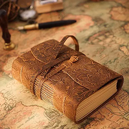 Diario Vintage Antiguo Hecho a Mano Encuadernado en Cuero 400 Página Cuaderno de Viaje con Papel sin Forro cierre de Correa de Cuero y Diseño Clásico en Relieve para Hombres y Mujeres