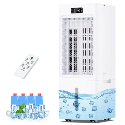 Aire Acondicionado Portatil 4 en 1, Enfriador de Aire con 6L Tanque, 3 Modos 3 Velocidades, 60°Oscilación, Temporizador de 1-12 H, con Ruedas, Control Remoto, 4 Packs de Hielo, Portátil, Silencioso