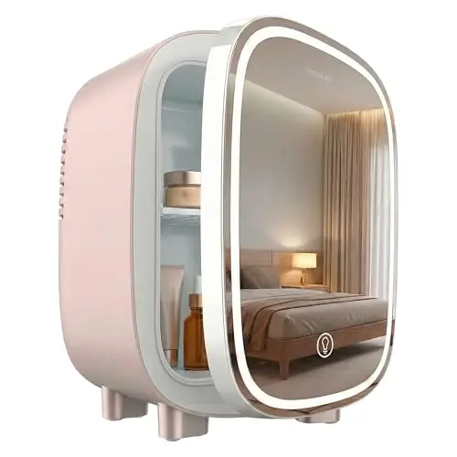 Cecotec Nevera Pequeña de Cosméticos 4L con Espejo CoolingBeauty 4000 Mirror Rose. Luz LED con 3 Intensidades, Hasta 5ºC de Enfriamiento, Asa Superior, Bajo Ruido, Incluye un Estante Interior