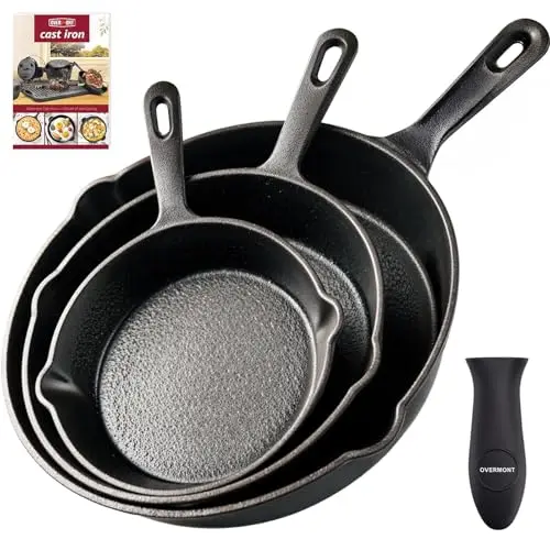 OVERMONT Sartén Ollas de Hierro Fundido - Pre-sazonado Sartenes Engrasada para Freír - Utensilios de Cocina Seguros para Estufa Barbacoa Fogata - Varios Tamaños - Negro