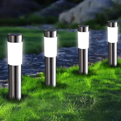 Joomer Luces Solares LED Exterior Jardin, 4 Paquetes Luces Exterior Solares, Luz Exterior Jardín Impermeable Cilíndricas Encendido/apagado Automático para Camino Césped Patio Entrada, Blanco Frío