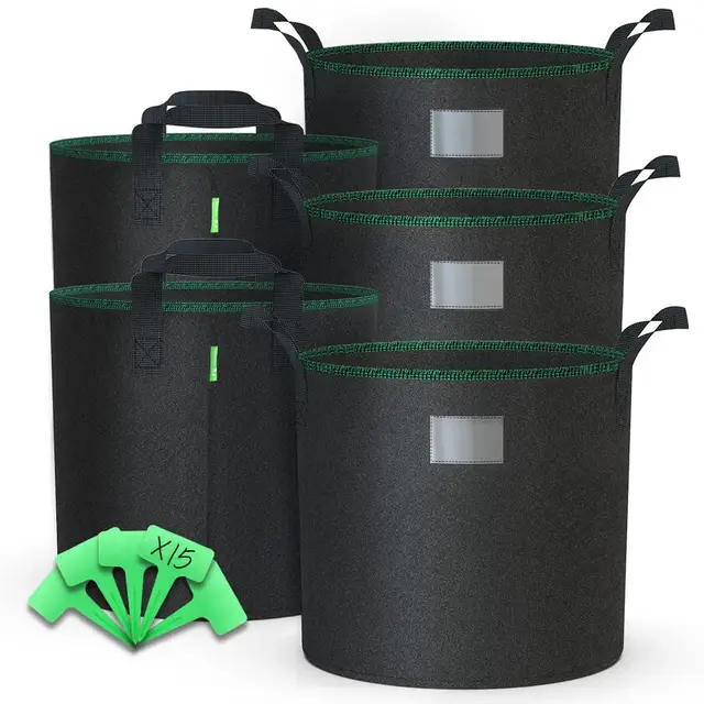 VOUNOT® 5 Piezas Bolsas de Cultivo Plantas 65L, Maceta de Tela Cultivo de Patatas con Asas y Etiquetas de Plantas, Bolsa de Siembra no Tejida para Papas Tomates Fresas